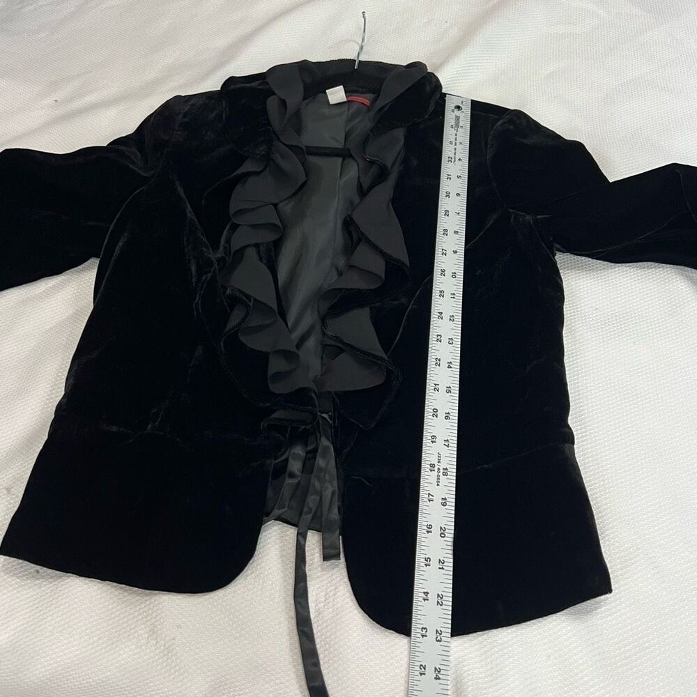 Anthropologie Black Velvet Crepe Ruffle Collar‎ Tie Closure Blazer - Picture 4 of 8
